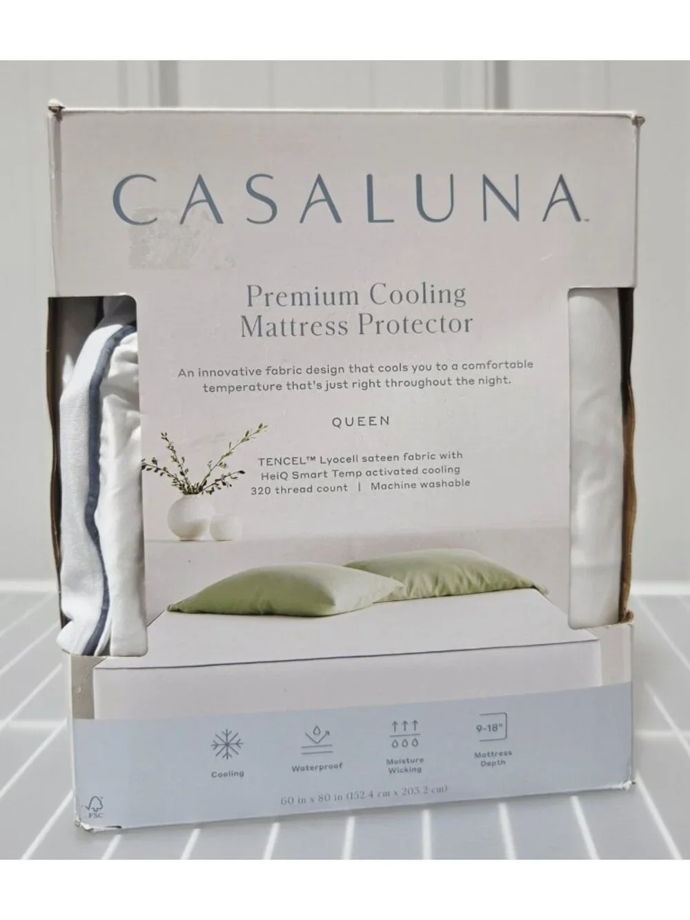Casaluna Premium Cooling Queen Size White Mattress Protector 60